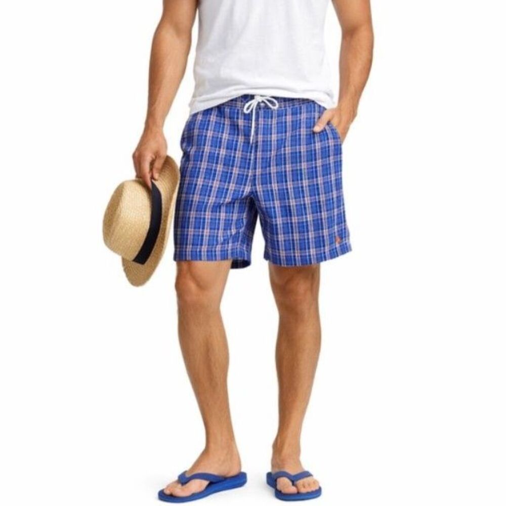 Polo Ralph Lauren Men's Blue Orange Plaid Classic Board Shorts Swim Trunks Sz XL